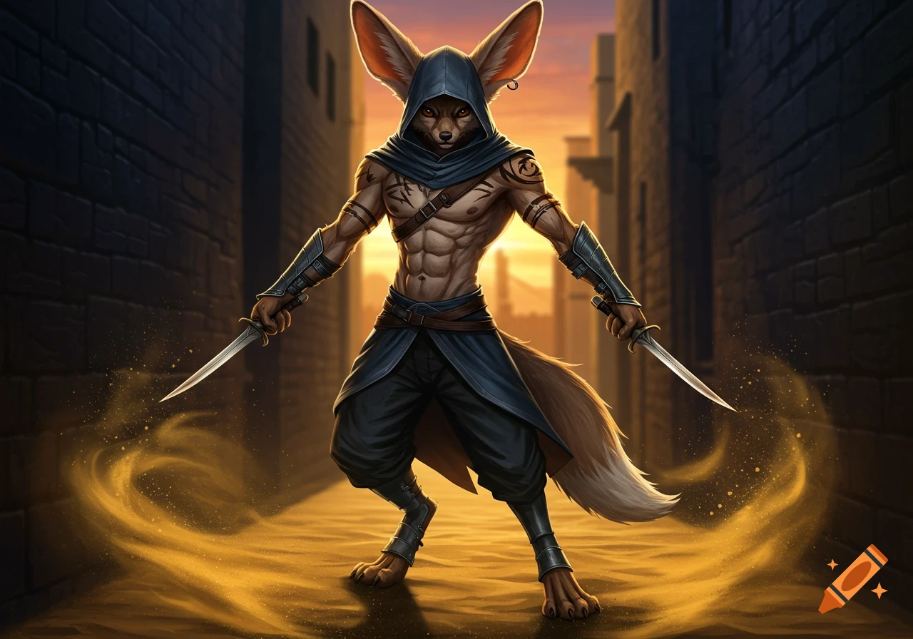 An anthropomorphic fennec fox assassin with daggers, a six-pack, and a hood stands in a sandy alleyway at sunset, in an anime style.