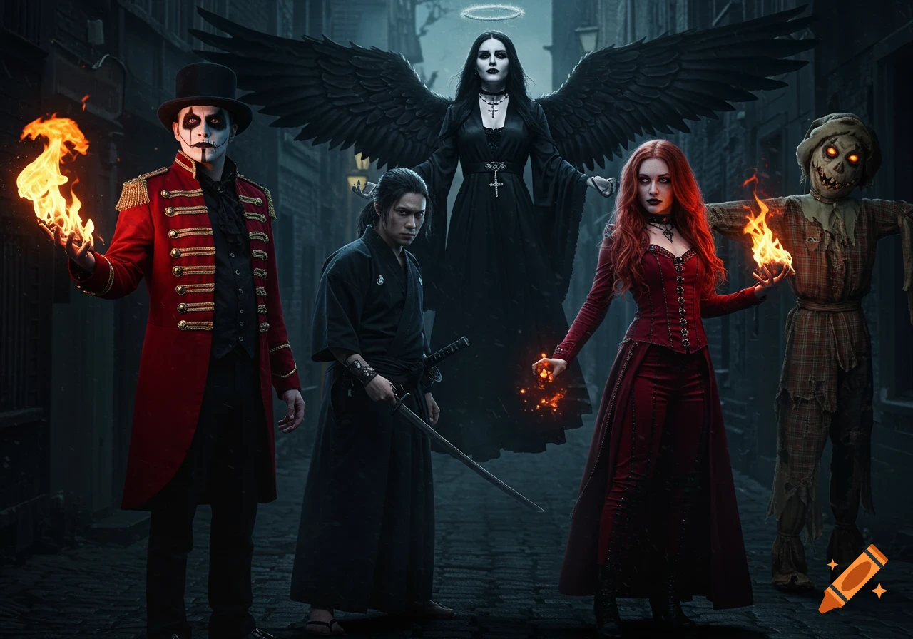 Five dark fantasy characters: a ringmaster, samurai, gothic angel, woman with fire, and scarecrow in a dark alley.