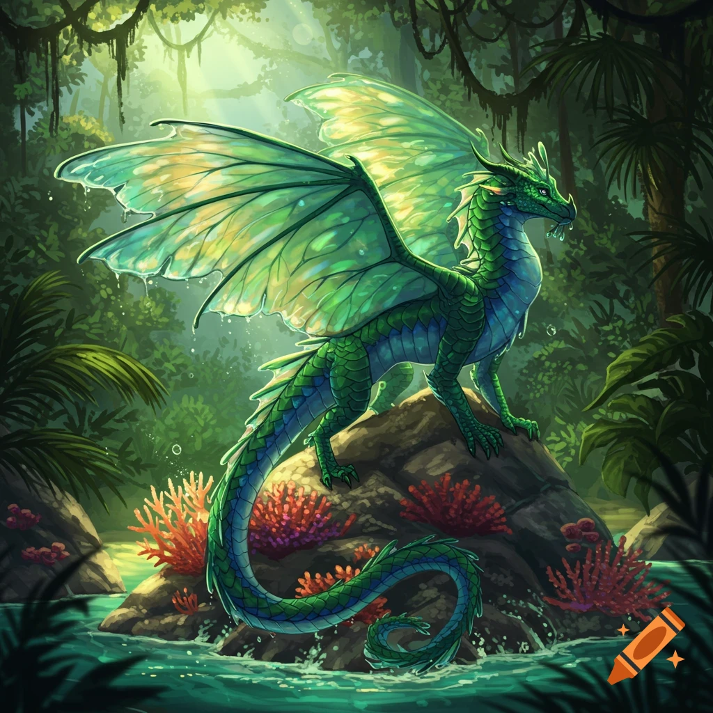 A green and blue dragon with large, translucent, leaf-like wings stands on a rock in a lush, sunlit jungle by a river.