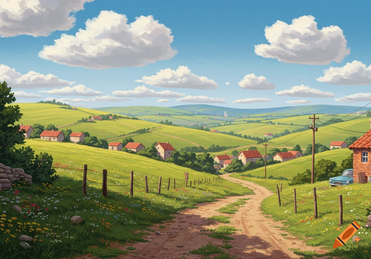 A vibrant cartoon landscape depicts rolling green hills dotted with houses, a winding dirt path, and a clear blue sky with fluffy white clouds.