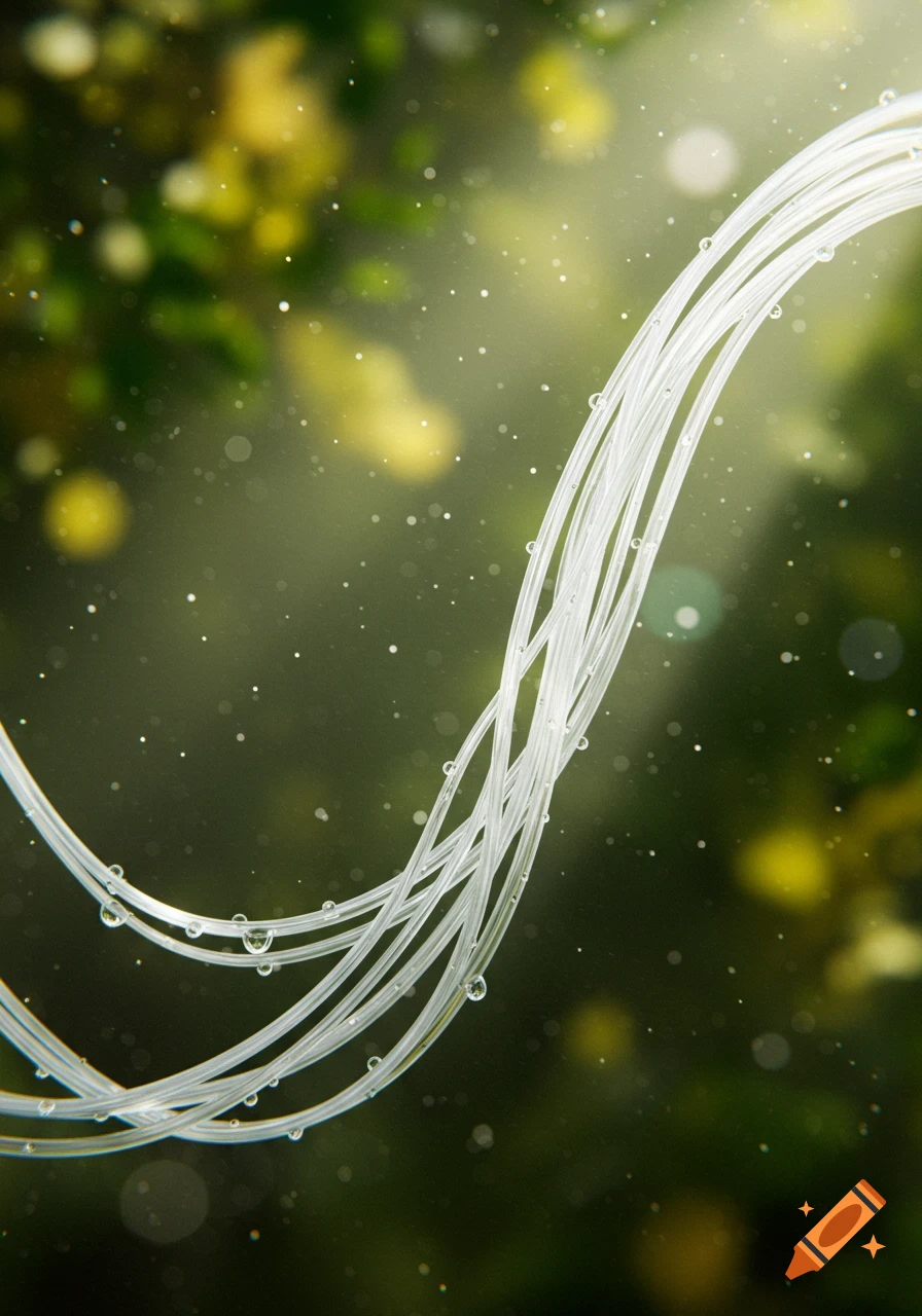 Close-up of translucent white strands covered in water droplets, against a blurred green and yellow background.
