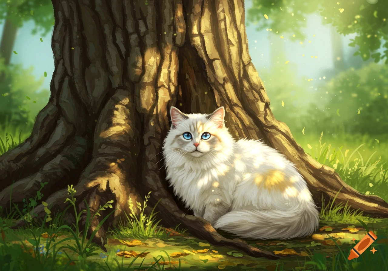 A fluffy white cat with blue eyes sits at the base of a large tree in a forest, bathed in dappled sunlight, in a digital art style.