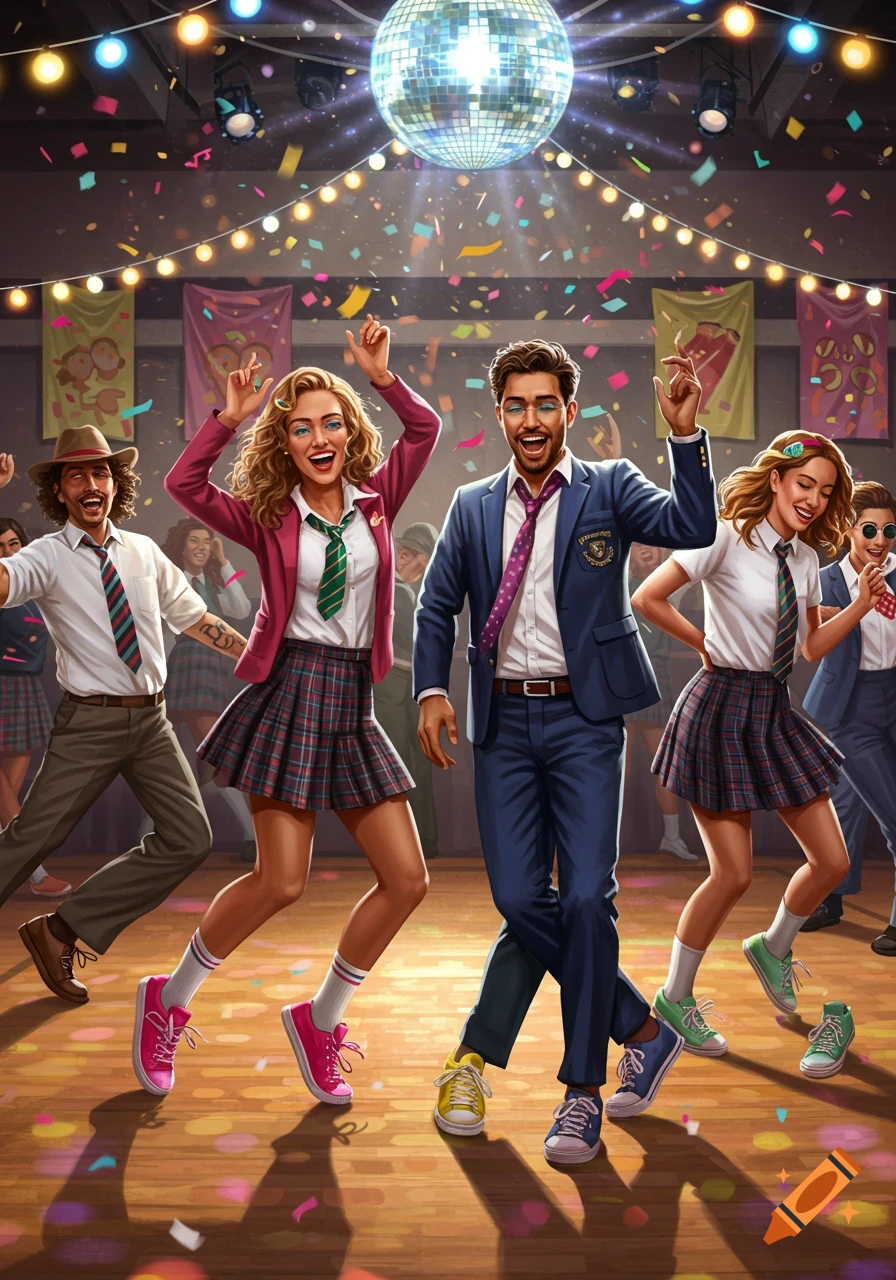 A diverse group of trendy adults in school uniforms joyfully dancing at a confetti-filled disco party with a shiny disco ball.