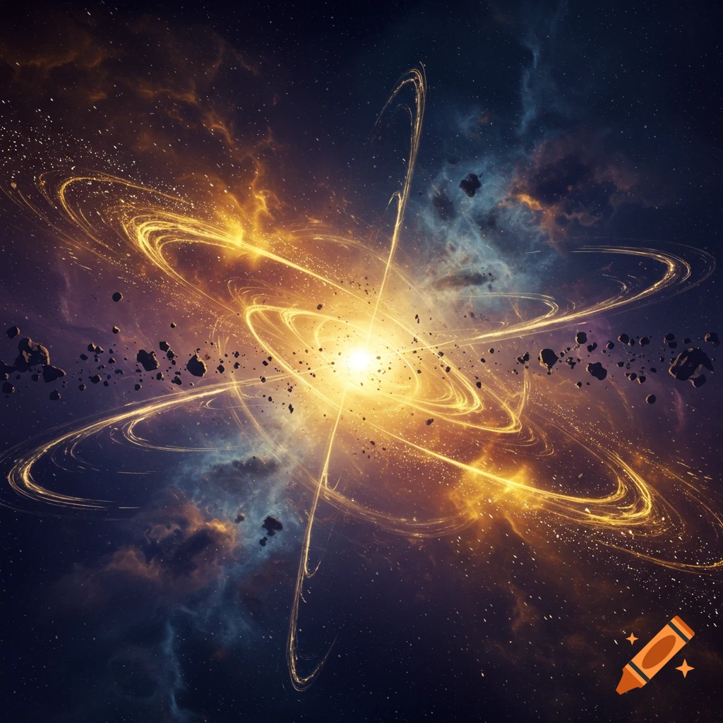 A bright central star-like object surrounded by glowing golden energy rings and scattered asteroids in a vibrant blue and orange cosmic nebula.