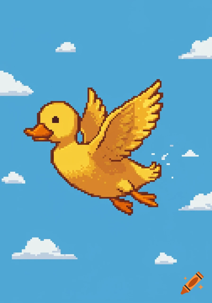 A pixel art yellow duck flies through a blue sky with white clouds.