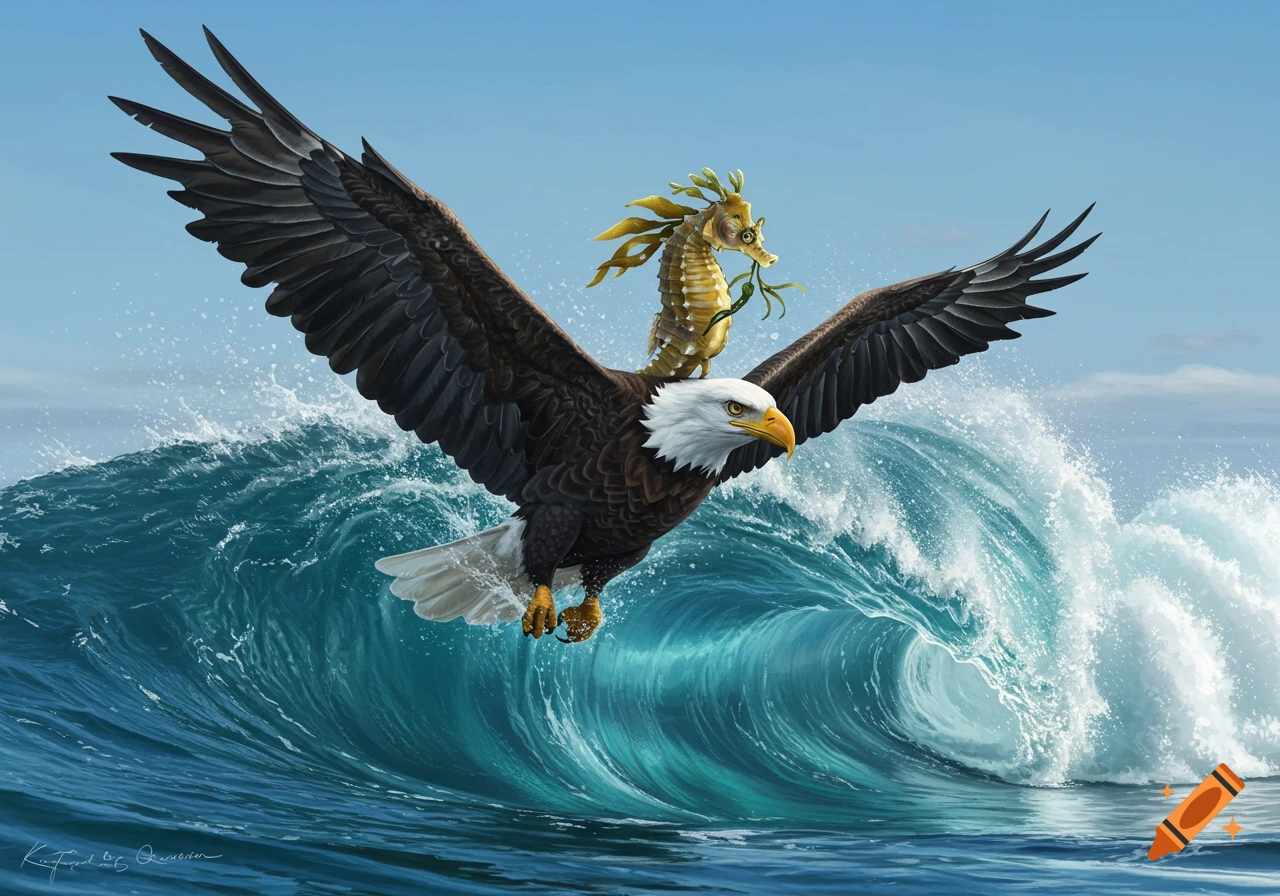 A bald eagle with a seahorse riding on its back flies low over a large blue ocean wave under a clear sky.