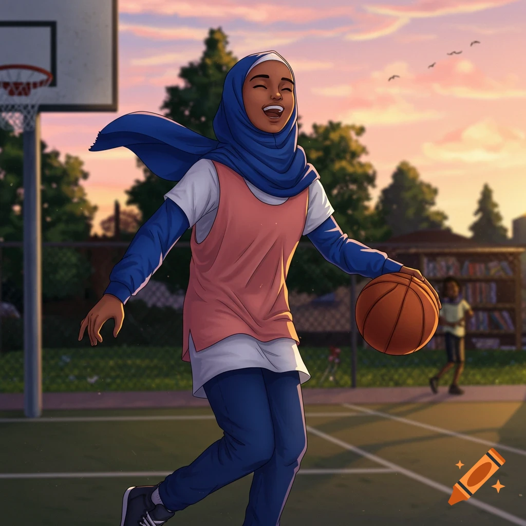 Illustrated girl in a blue hijab laughing while dribbling a basketball on an outdoor court at sunset.