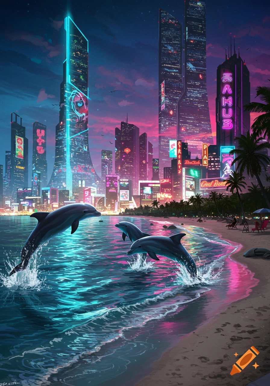 Vibrant cyberpunk city skyline at sunset, with three dolphins leaping from neon-lit ocean waves onto a sandy beach.