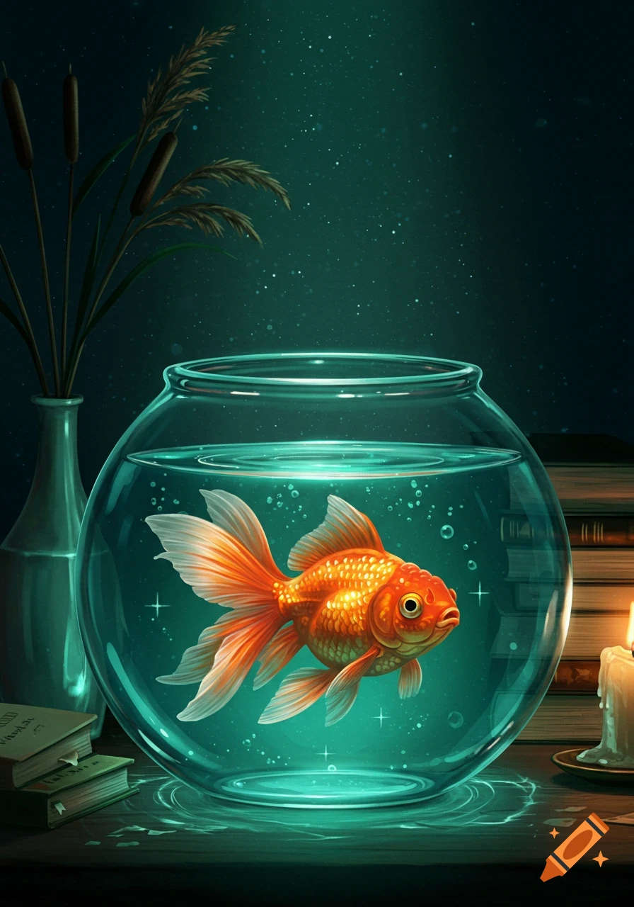 A vibrant orange goldfish swims in a glowing blue-green glass bowl, with books and a lit candle on a dark table.