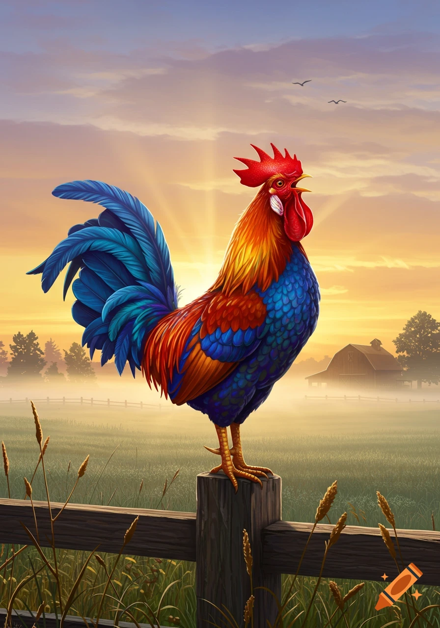 A vibrant rooster with red, blue, and gold feathers stands on a wooden fence post in a misty field at sunrise, with a barn in the background.