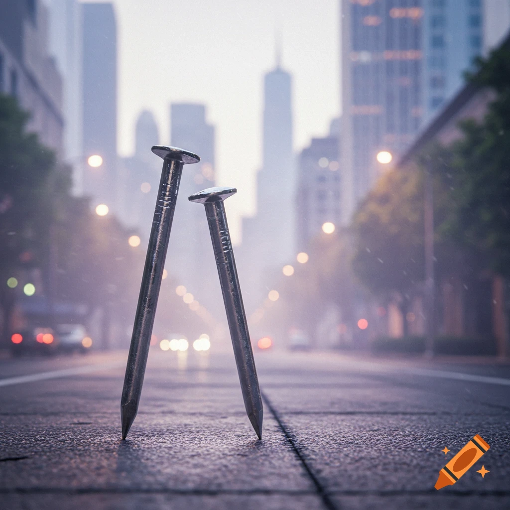 Two large nails stand upright on a wet city street, with blurred city buildings and lights in the background.