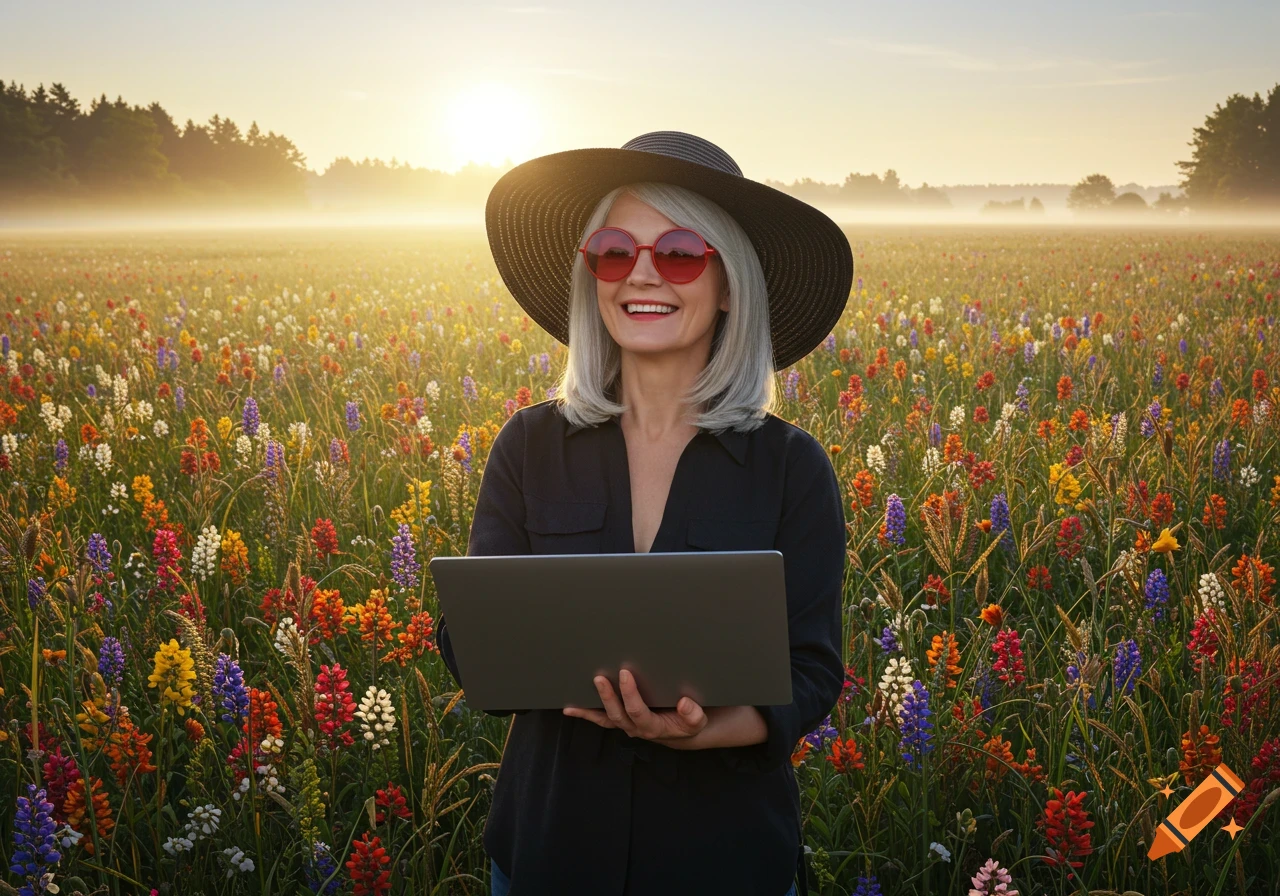 A confident older woman with a wide-brim hat and red sunglasses smiles in a vibrant wildflower field at sunrise, holding a laptop. Photorealistic.