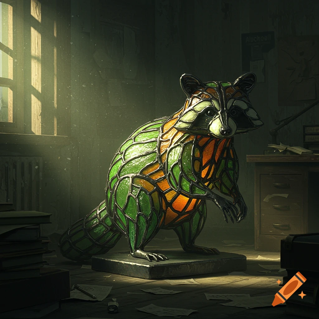A 3D render of a green and orange stained glass raccoon sculpture on a pedestal in a dusty office, illuminated by a sunbeam.