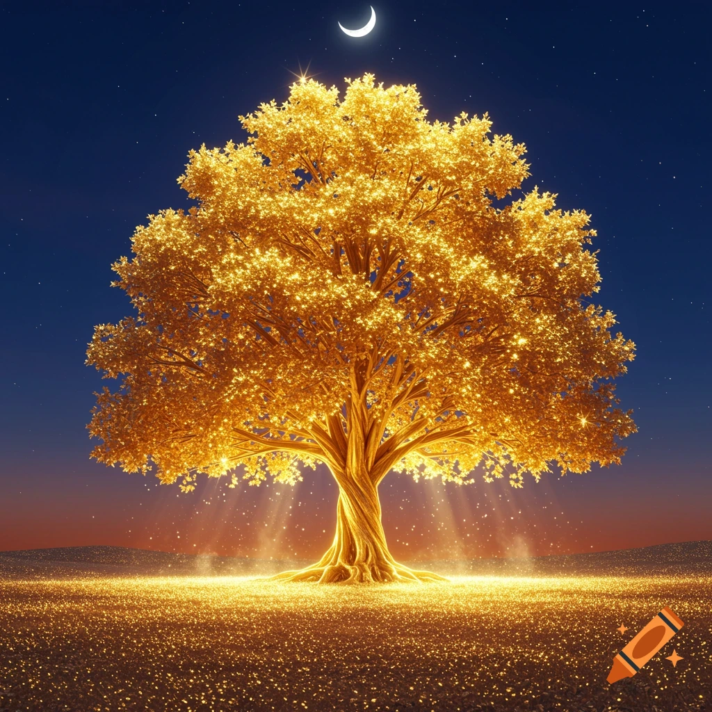 A majestic golden tree glowing in a field of sparkling light under a crescent moon and starry night sky, fantasy art style.