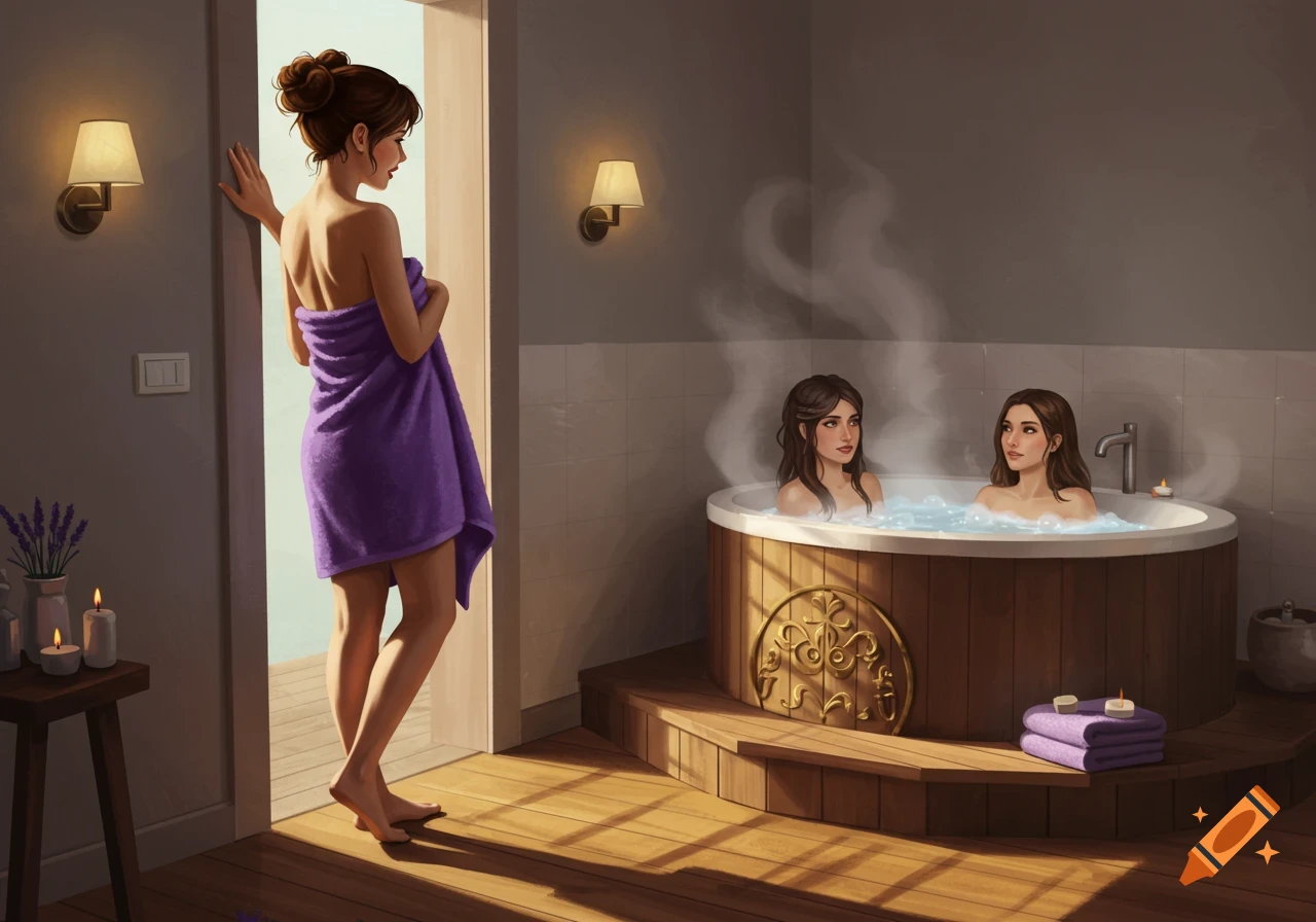 Illustration of three women in a spa setting; one in a purple towel by a doorway watches two friends in a steamy wooden hot tub.
