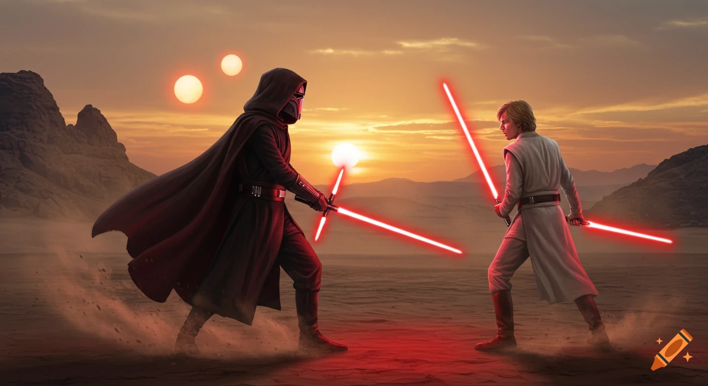 Two men with red lightsabers duel on a desert planet with twin suns at sunset. One wears black robes, the other white.