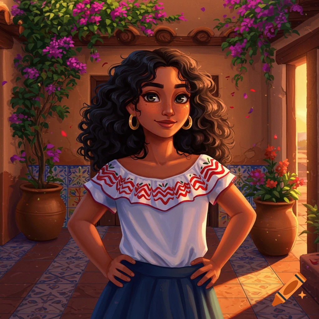 A cartoon-style young woman with dark curly hair and a white embroidered blouse stands in a vibrant courtyard with flowering plants.