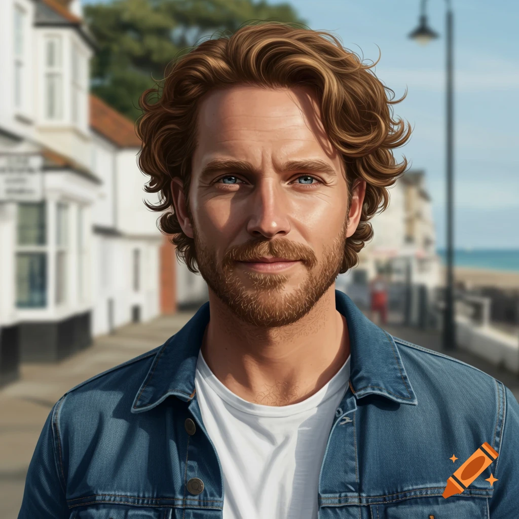 A photorealistic portrait of a man with curly brown hair and a beard, wearing a denim jacket, standing on a street with blurred buildings and a beach in the background.