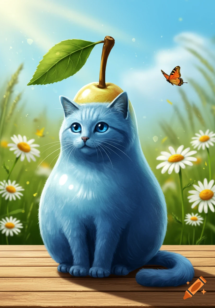 A whimsical blue cat shaped like a pear sits on a wooden surface in a sunny field of white daisies, with a butterfly flying nearby.