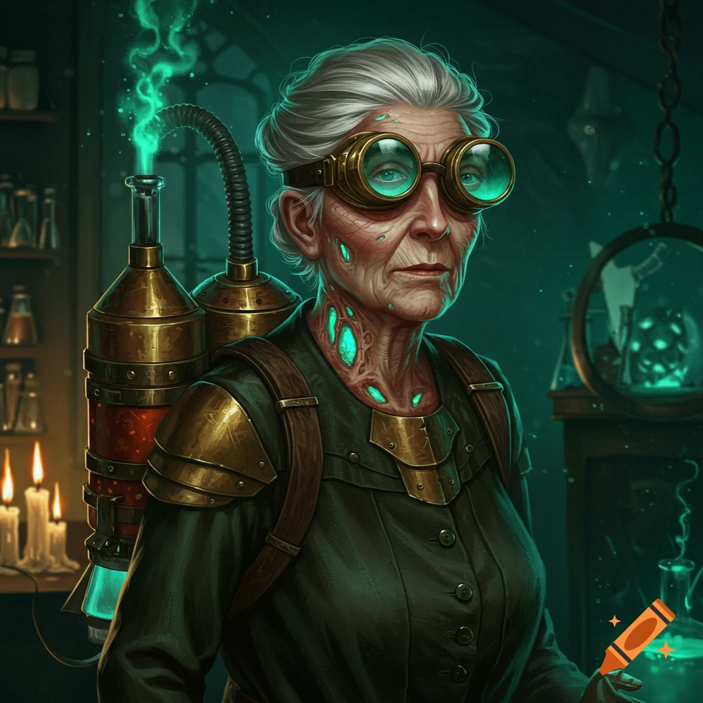 A semi-realistic portrait of an elderly woman with goggles, a steampunk jetpack, and glowing green bioluminescence, in a dim laboratory.