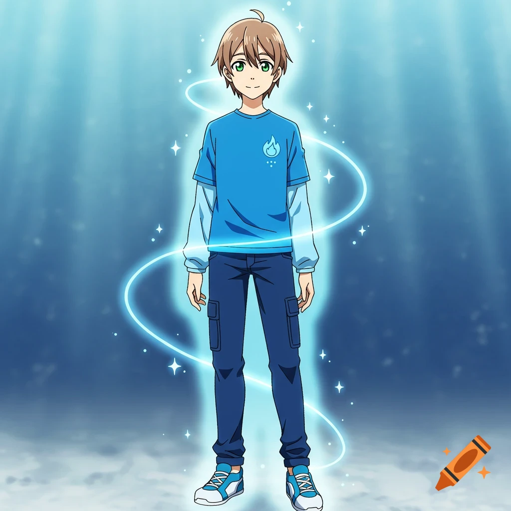 An anime boy with light brown hair, green eyes, and a blue aura, wearing a blue shirt, dark blue pants, and blue and white shoes.