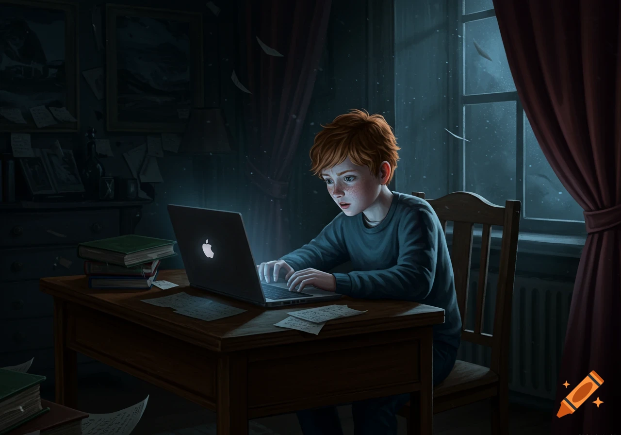 A ginger boy with freckles sits at a wooden desk in a dimly lit room, intently looking at and typing on a glowing laptop. Books and papers are scattered on the desk, with red curtains and a window in the background.