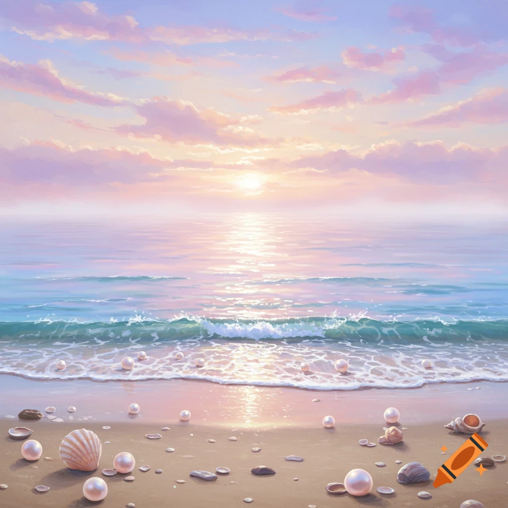 A serene ocean sunset with pink and purple clouds, a shimmering sun reflection on the water, and pearls and seashells scattered on the sandy beach.