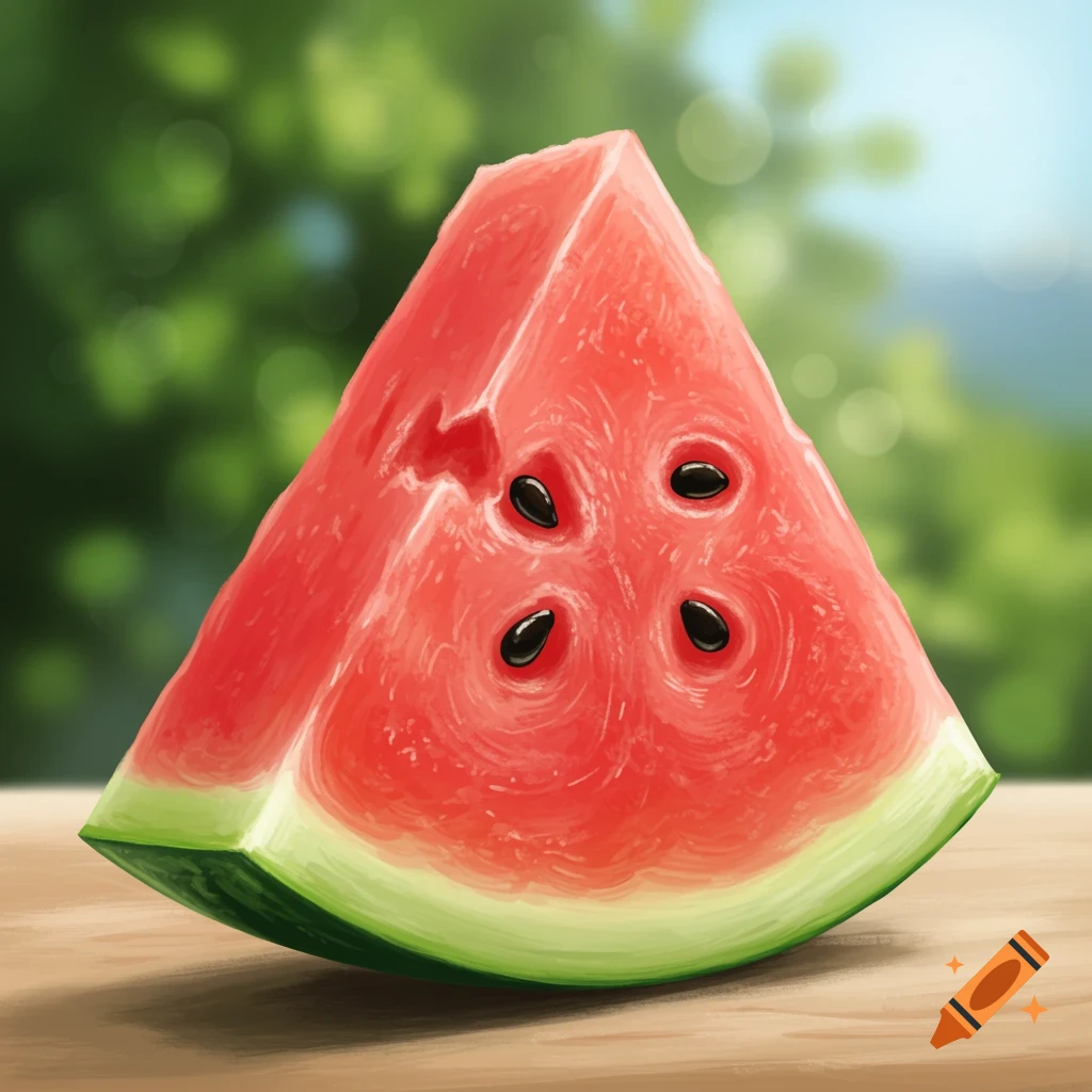 A vibrant red watermelon slice with black seeds sits on a wooden table, with a blurred green outdoor background.