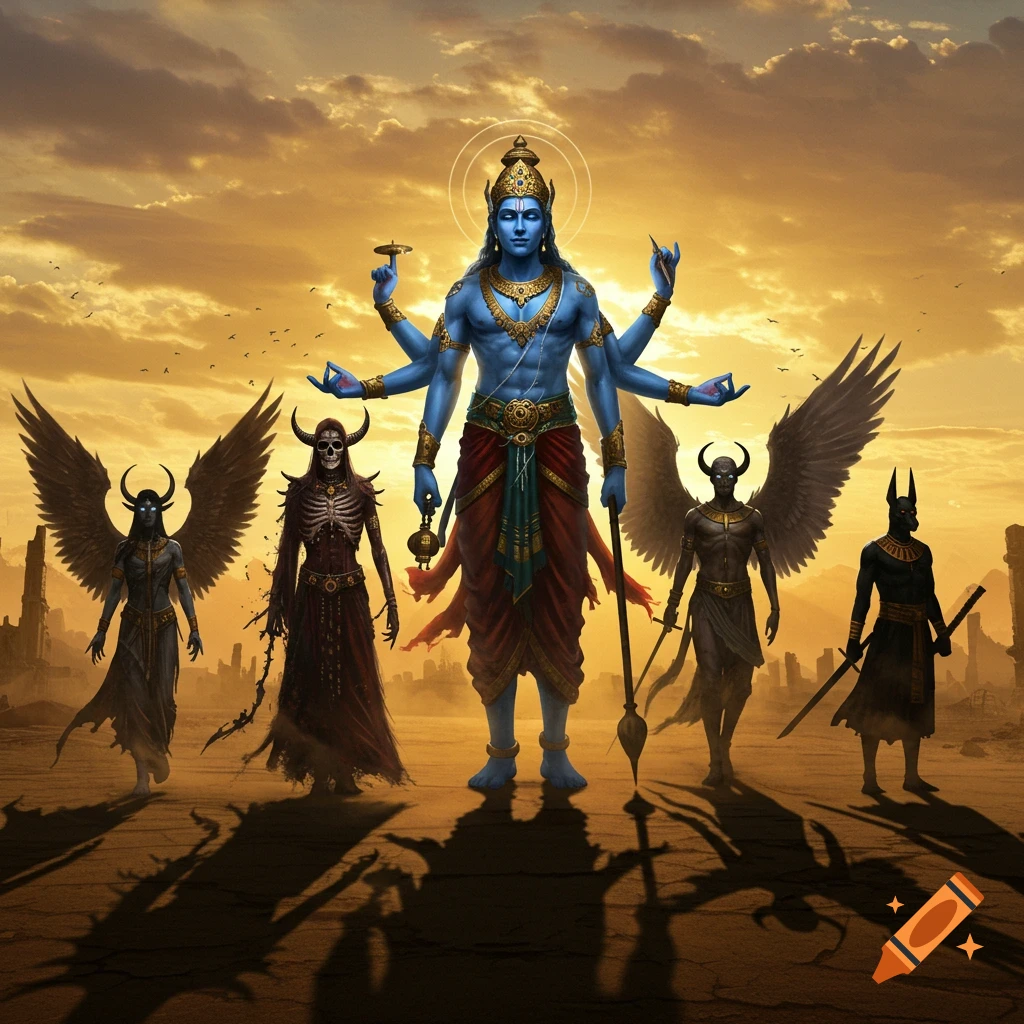 Vishnu and other mythological figures stand in a desolate wasteland at sunset, casting long shadows.