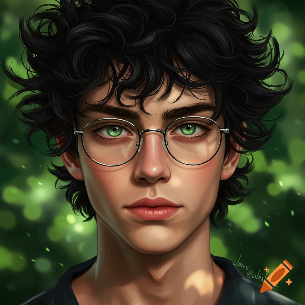 A stylized digital portrait of a young man with messy black curly hair, bright green eyes, and round glasses, set against a blurred green background.