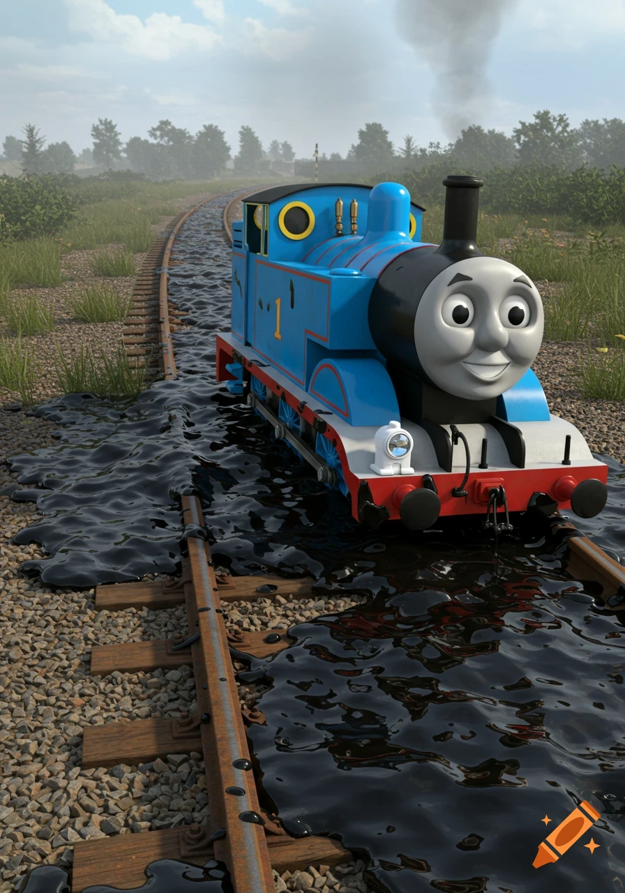 Thomas the Tank Engine, photorealistically rendered, stuck in black tar on a railway track in a grassy outdoor landscape.