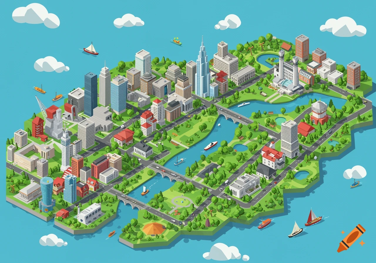 A vibrant isometric illustration of a city with various buildings, green parks, rivers with boats, and winding roads.