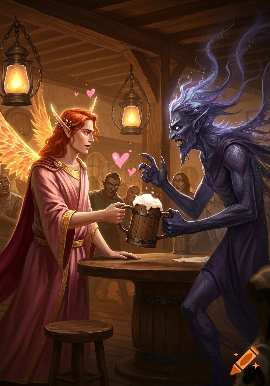 An angelic figure with golden wings offers a mug of beer to a shadowy, demonic creature in a bustling tavern.