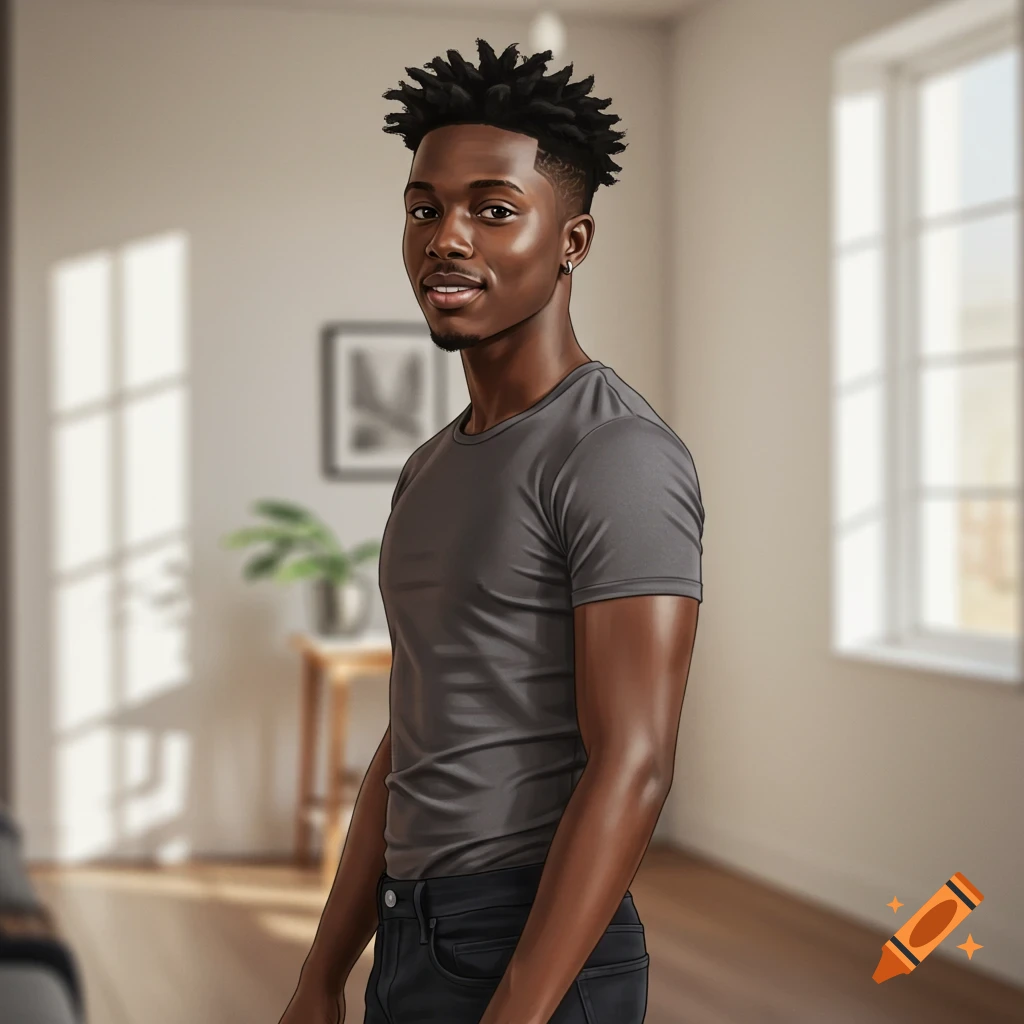 A young Black man with dreadlocks smiles, wearing a grey t-shirt and black jeans, standing in a bright room.