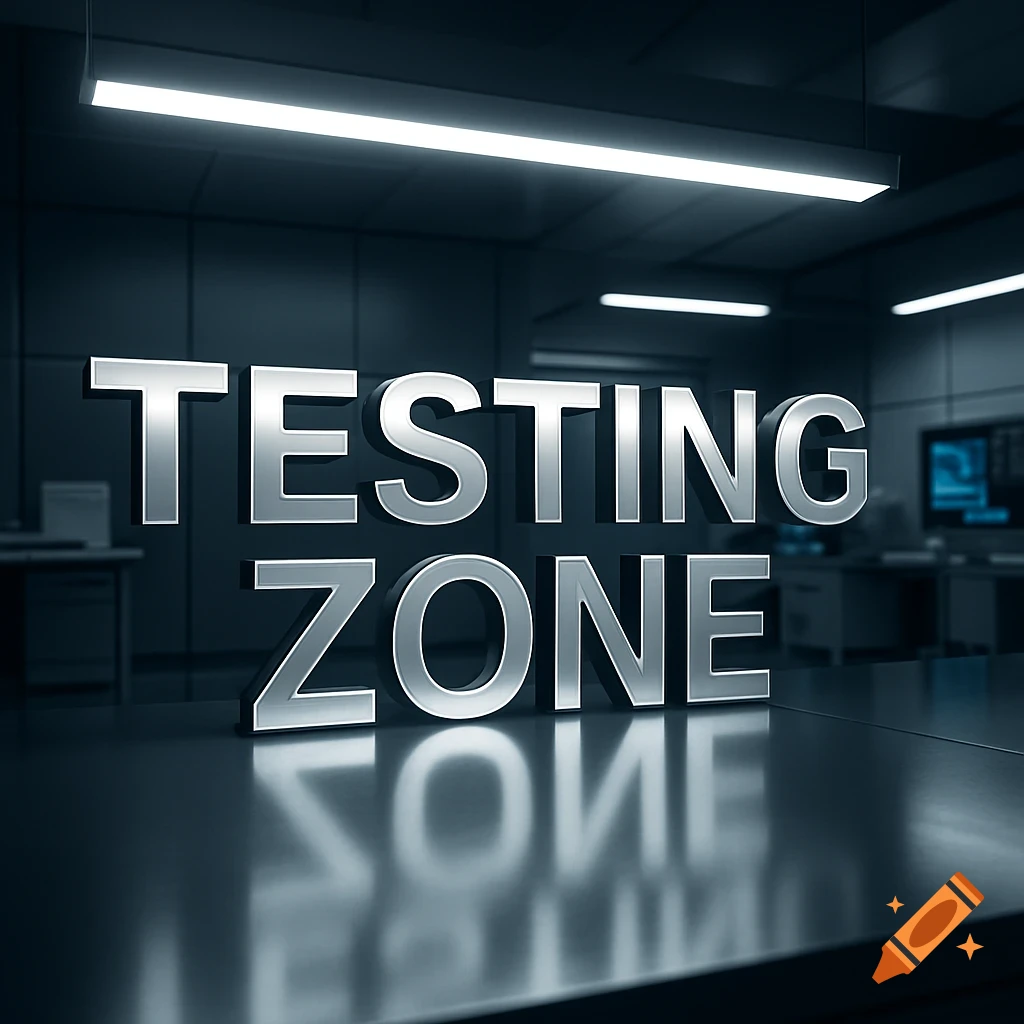 3D silver 'TESTING ZONE' text on a reflective dark surface in a modern, dim room with bright overhead lights.