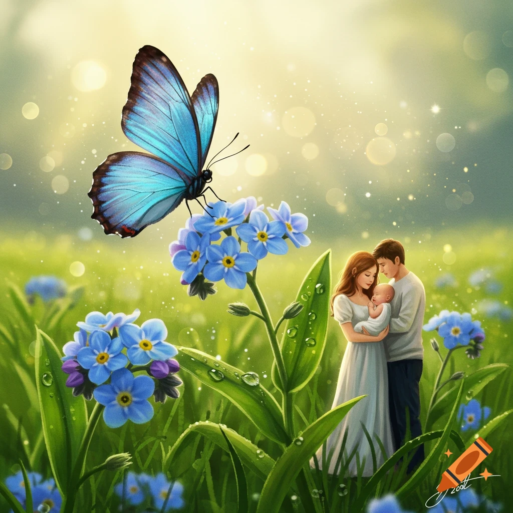 Digital painting of a family with a baby in a field of blue forget-me-not flowers, a large blue butterfly on a bloom.