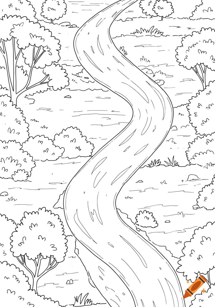 A black and white line art drawing of a winding river flowing through a forest with trees and bushes, viewed from above, suitable for coloring.