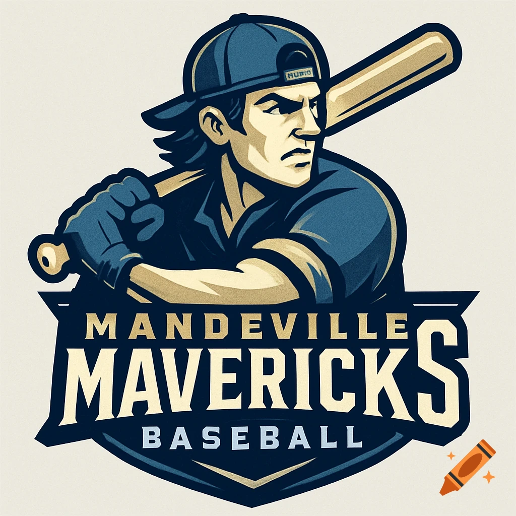 Logo of a baseball player wearing a backwards hat, holding a bat, with 'Mandeville Mavericks Baseball' text below.