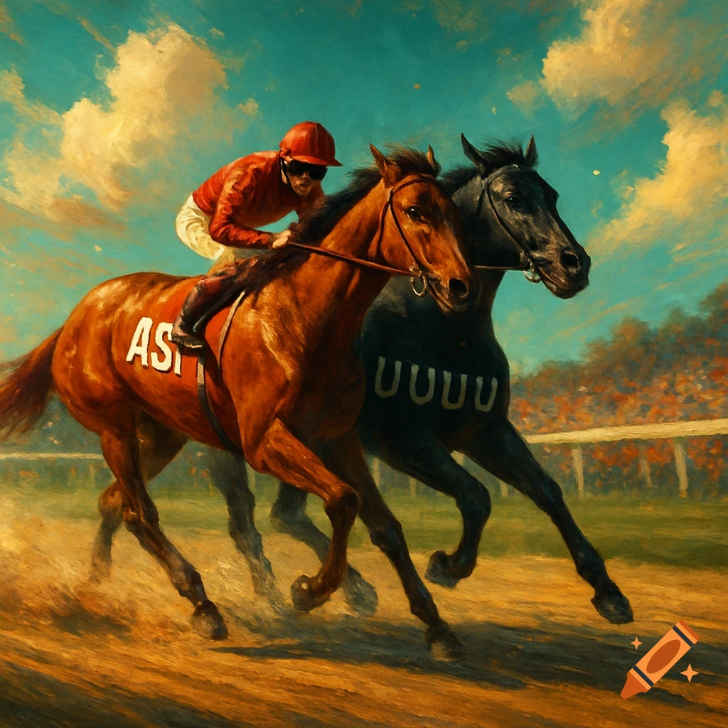 Two horses with jockeys race on a dirt track under a cloudy sky, painted in a vibrant, impressionistic style. One horse is brown with partially visible text on its side, and the other is a black horse with numbers on its side.