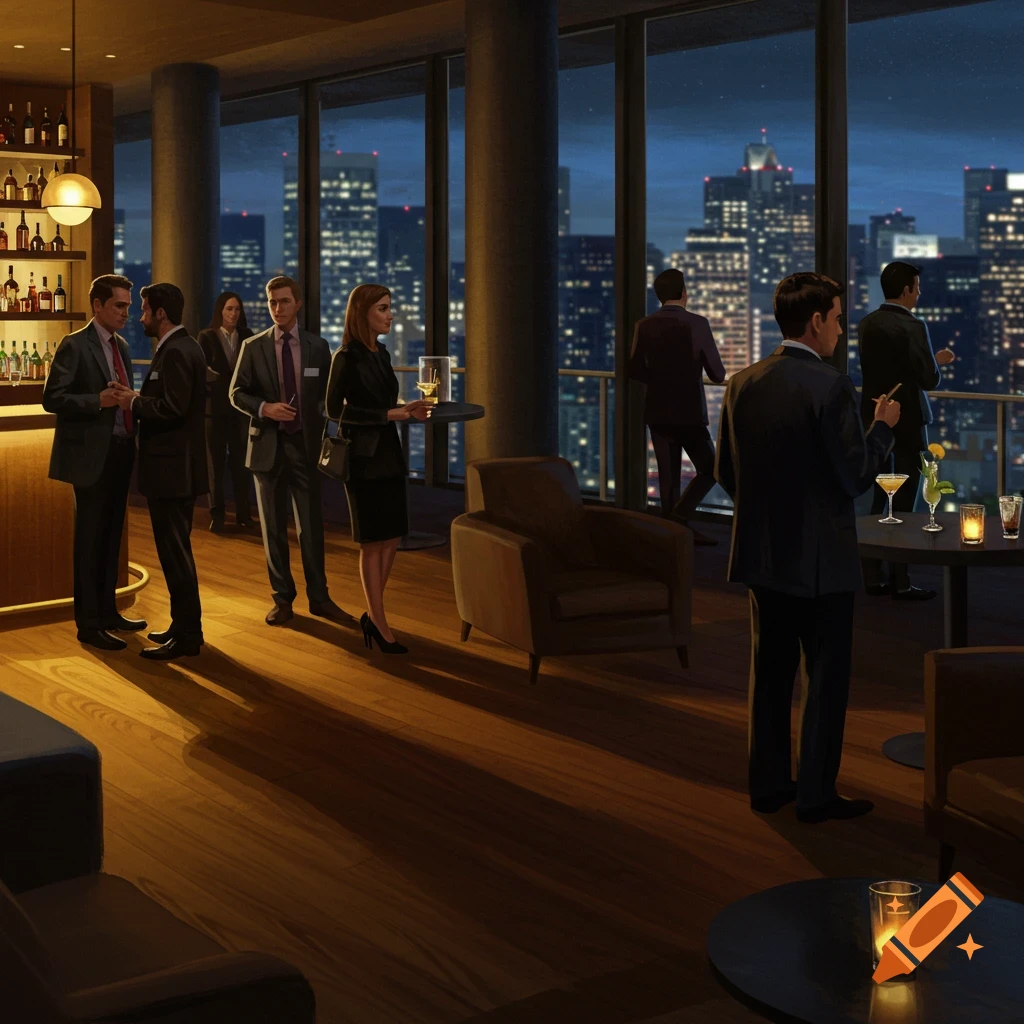 People mingle at a networking event in an upscale bar with city skyline views at night. Illustrated style.