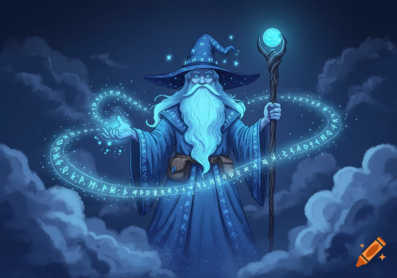 A cartoon wizard in blue robes and hat, with a long white beard, casts a glowing blue spell with floating runes and holds a staff with a glowing orb.