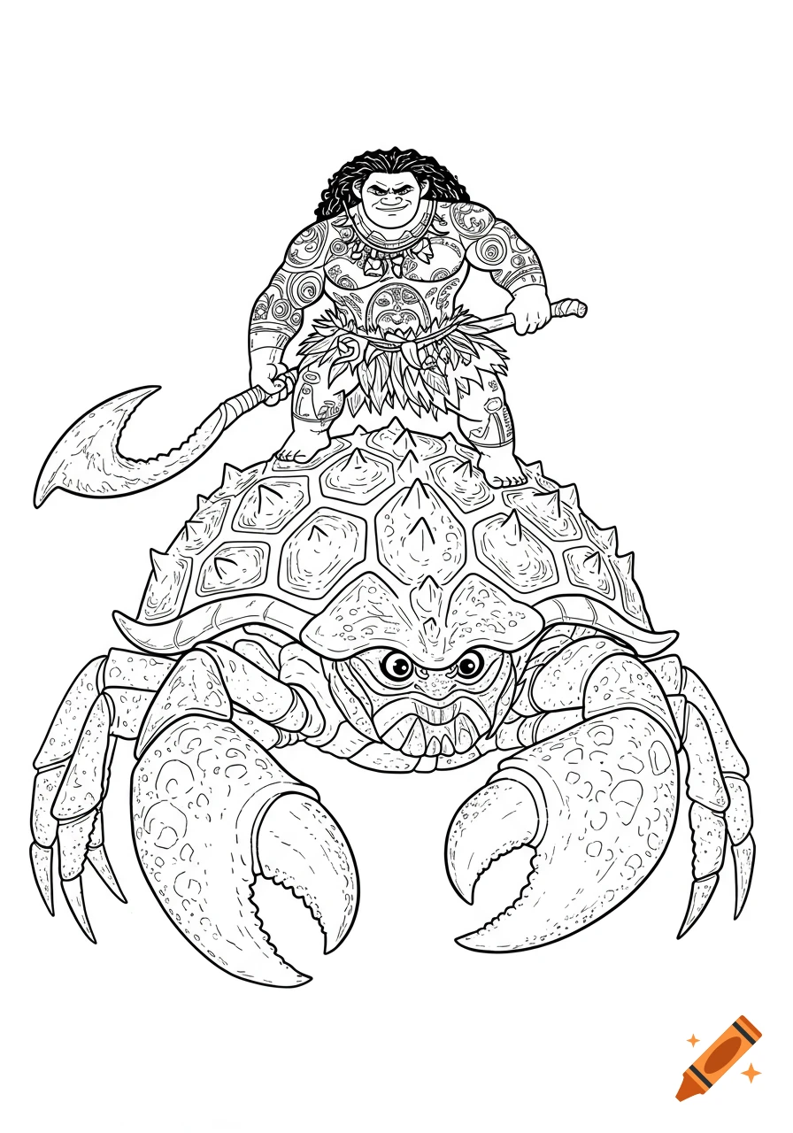 Black and white outline drawing of Maui standing on Tamatoa's back, for coloring.