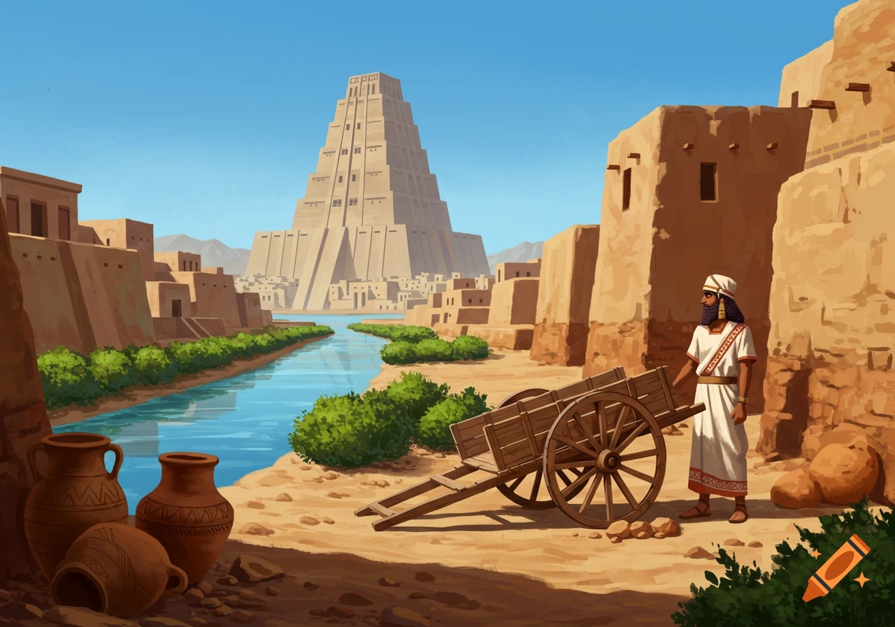 An illustrated ancient Sumerian city with a man and cart by a river, facing a towering ziggurat under a blue sky.