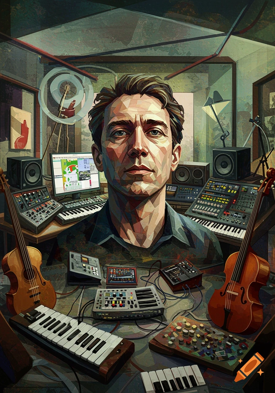 A cubist-style painting of a man in a music studio surrounded by synthesizers, keyboards, and string instruments.