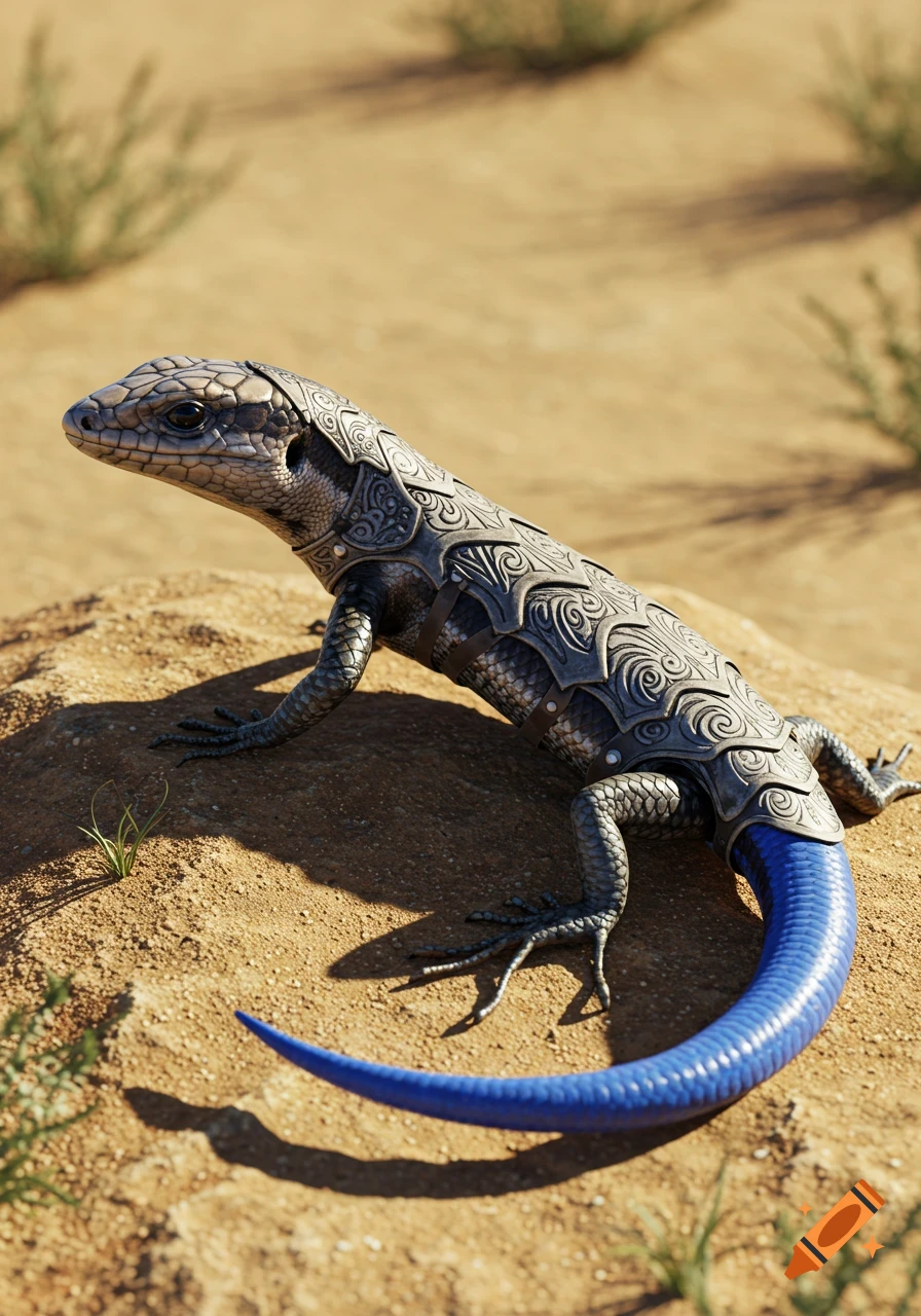 A blue-tailed skink wearing intricate gray armor stands on a sandy desert ground.
