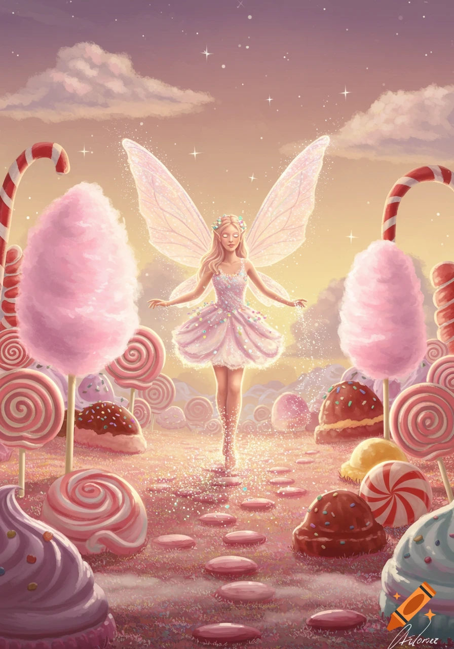 A pastel fantasy illustration of a glowing fairy with large wings in a whimsical candy land of lollipops, cotton candy, and sweets.