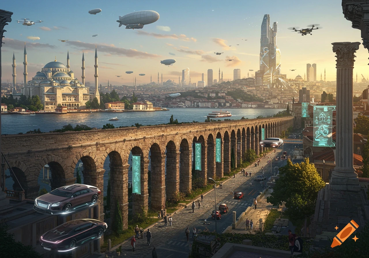 A panoramic view of a futuristic city blending ancient architecture with modern skyscrapers and flying vehicles over a large body of water.