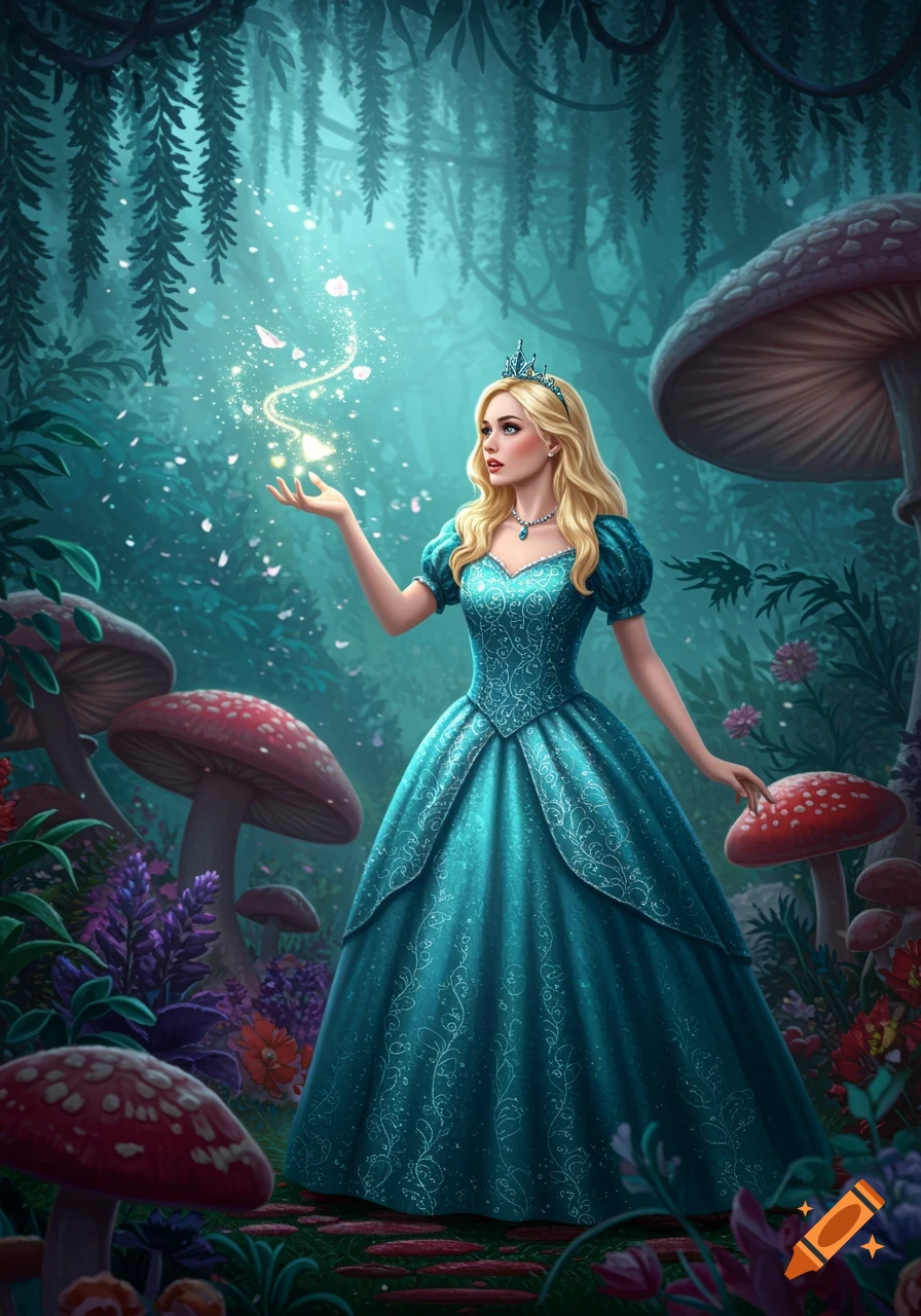 Blonde woman in a blue dress, holding out hand with magical sparkles, in an enchanted forest with giant mushrooms.