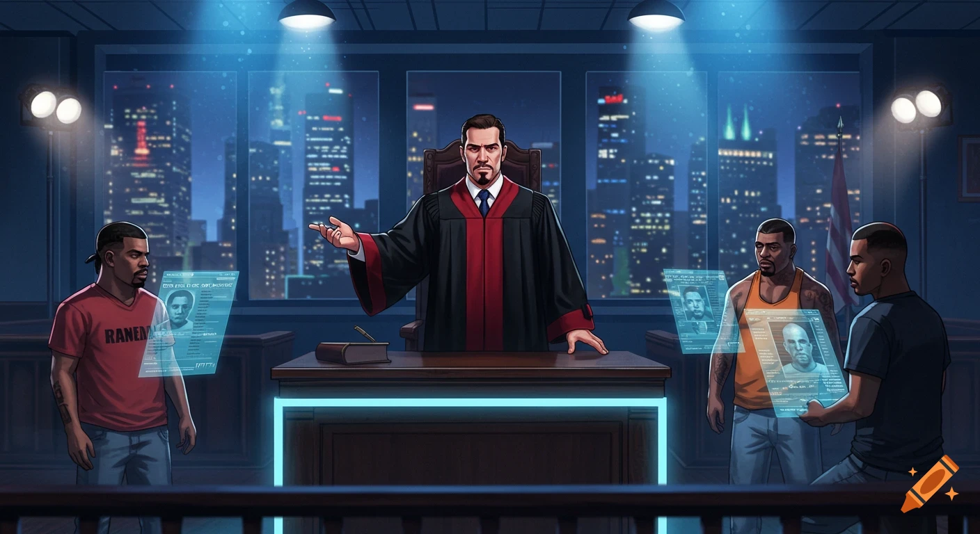 An illustration of a judge in a courtroom with holographic screens displaying profiles of three men and a city skyline at night.