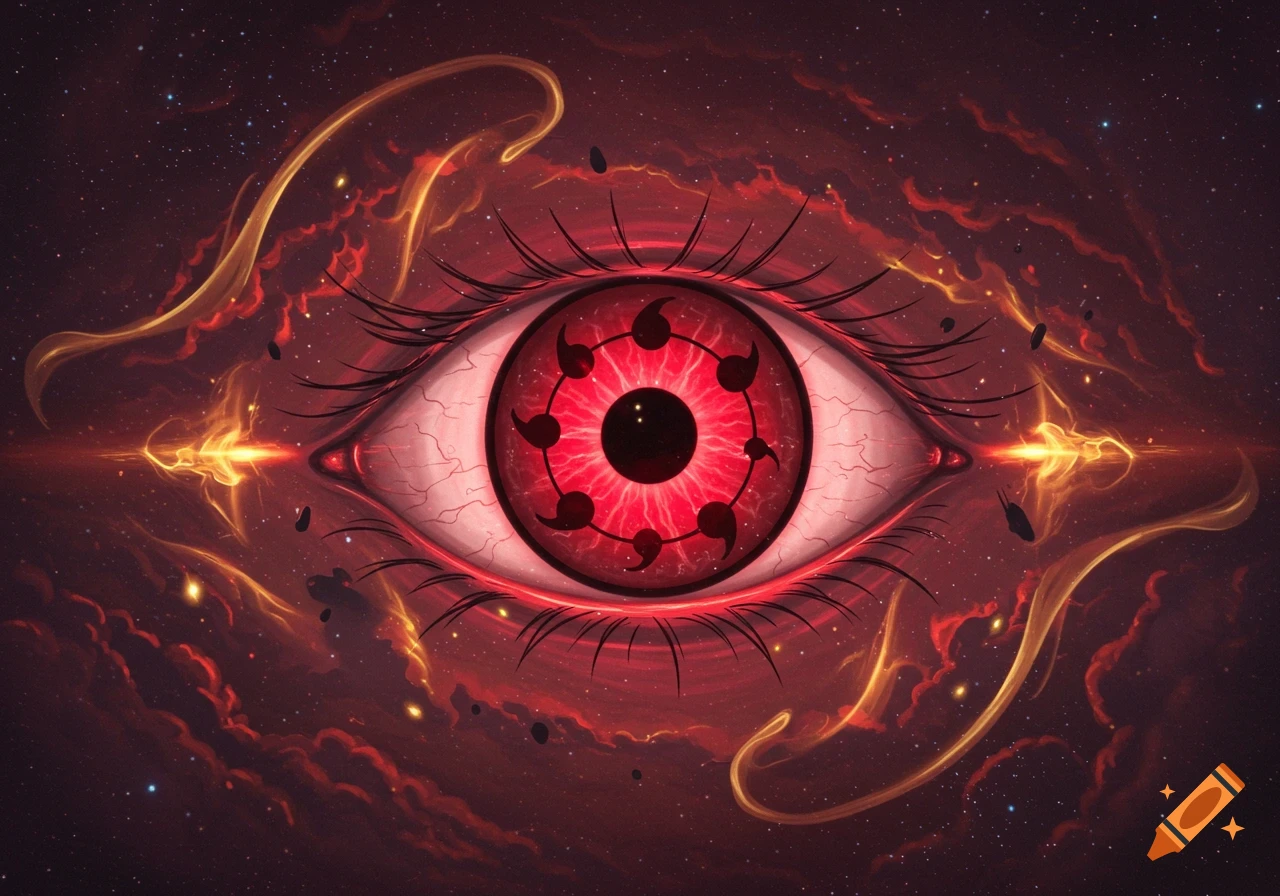A vibrant red eye with black tomoe symbols, surrounded by red clouds and golden energy in a cosmic, starry background.